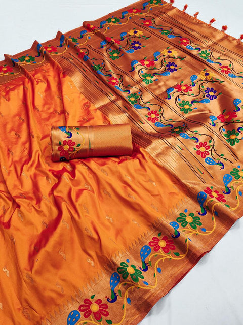 VastraLakshmi Adoring Orange Paithani Silk Saree With Ailurophile Blouse Piece