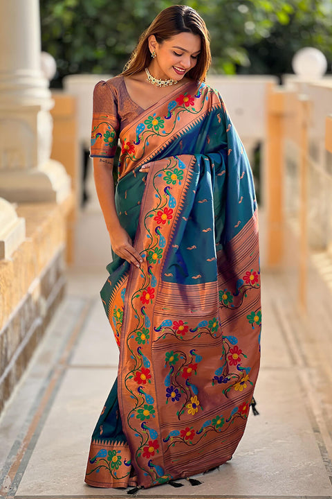 VastraLakshmi Lassitude Rama Paithani Silk Saree With Nemesis Blouse Piece