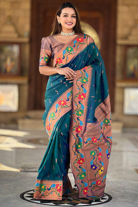 VastraLakshmi Lassitude Rama Paithani Silk Saree With Nemesis Blouse Piece