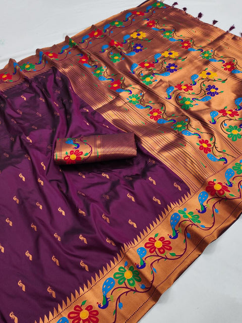 VastraLakshmi Pleasurable Wine Paithani Silk Saree With Symmetrical Blouse Piece