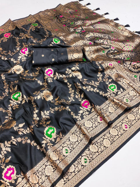 VastraLakshmi Flaunt Black Soft Banarasi Silk Saree With Outstanding Blouse Piece