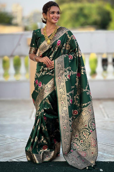 VastraLakshmi Designer Dark Green Soft Banarasi Silk Saree With Surpassing Blouse Piece