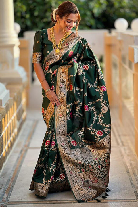 VastraLakshmi Designer Dark Green Soft Banarasi Silk Saree With Surpassing Blouse Piece