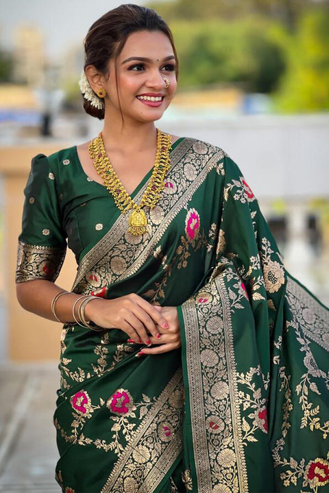 VastraLakshmi Designer Dark Green Soft Banarasi Silk Saree With Surpassing Blouse Piece