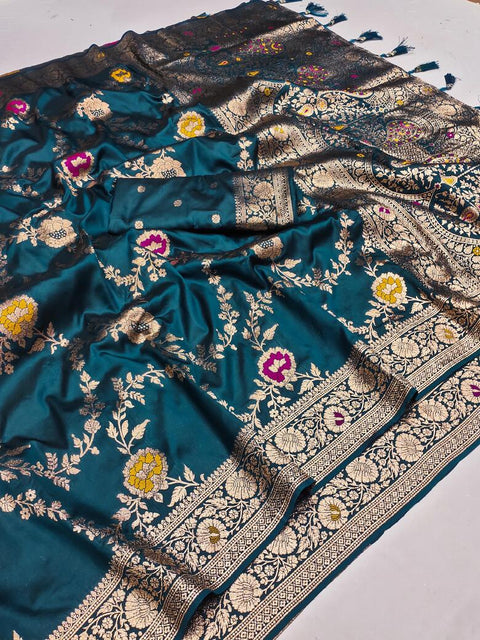 VastraLakshmi Effulgent Teal Blue Soft Banarasi Silk Saree With Embellished Blouse Piece