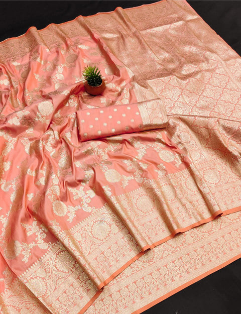 VastraLakshmi Ethnic Peach Soft Banarasi Silk Saree With Breathtaking Blouse Piece