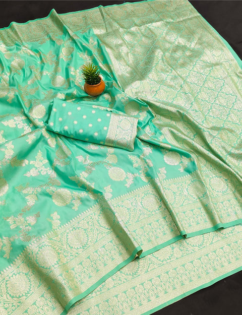 VastraLakshmi Fairytale Sea Green Soft Banarasi Silk Saree With Ideal Blouse Piece