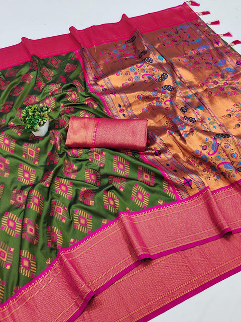 VastraLakshmi Radiant Mehndi Paithani Silk Saree With Twirling Blouse Piece