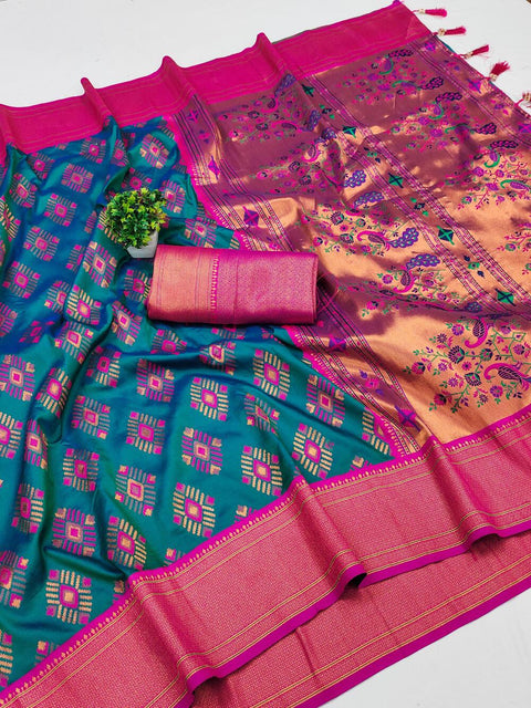 VastraLakshmi Evocative Rama Paithani Silk Saree With Moiety Blouse Piece