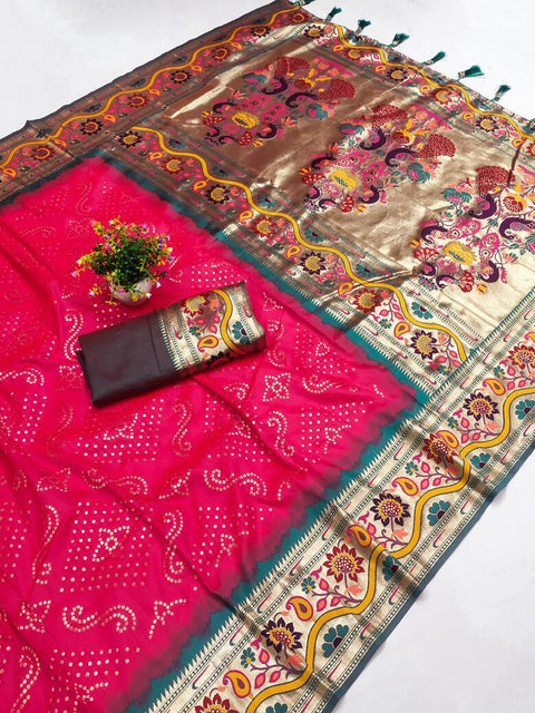 VastraLakshmi Gossamer Dark Pink Paithani Silk Saree With Lagniappe Blouse Piece