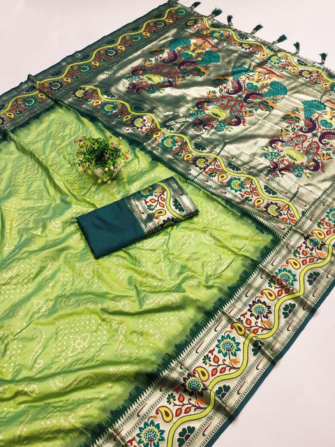 VastraLakshmi Artistic Pista Paithani Silk Saree With Tempting Blouse Piece