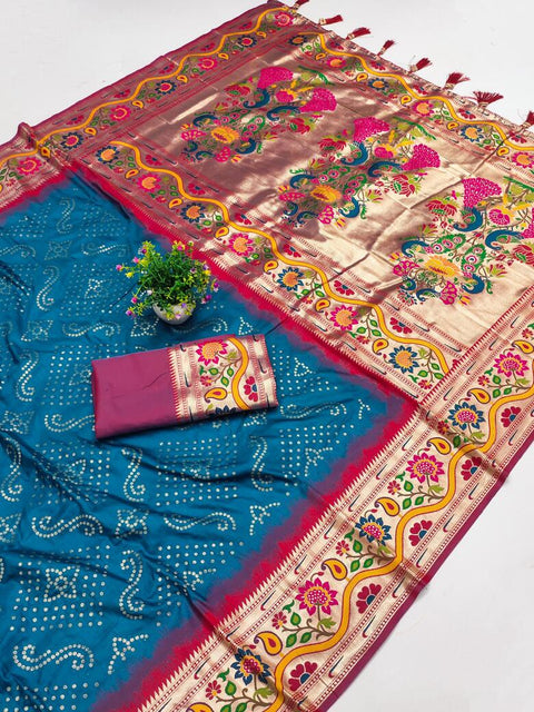 VastraLakshmi Radiant Firozi Paithani Silk Saree With Enamoring Blouse Piece