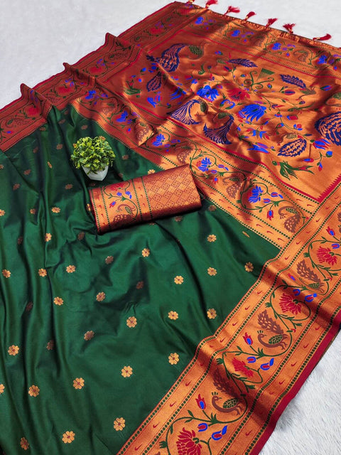 VastraLakshmi Stunning Dark Green Paithani Silk Saree With Marvellous Blouse Piece