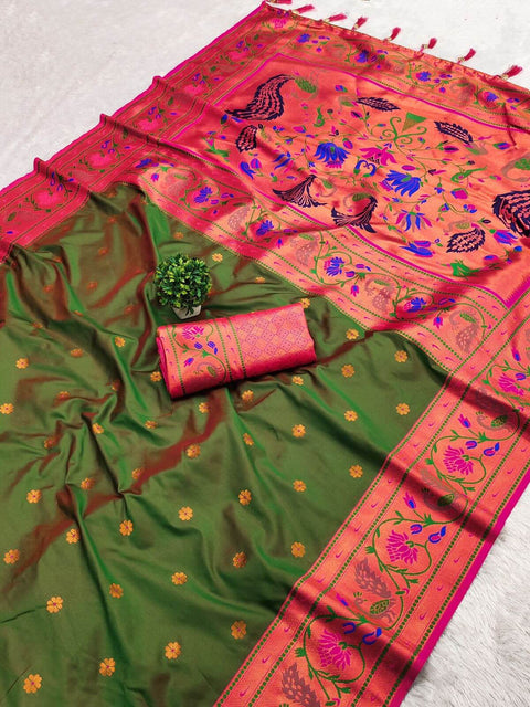 VastraLakshmi Gorgeous Mehndi Paithani Silk Saree With Stylish Blouse Piece