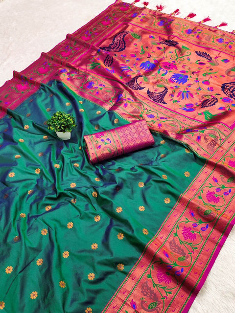 VastraLakshmi Delightful Rama Paithani Silk Saree With Twirling Blouse Piece