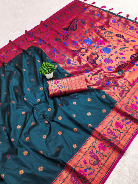 VastraLakshmi Classic Teal Blue Paithani Silk Saree With Traditional Blouse Piece