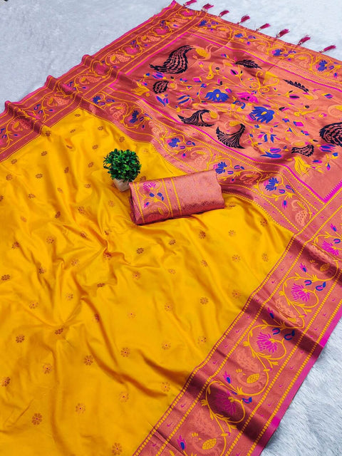 VastraLakshmi Brood Yellow Paithani Silk Saree With Demure Blouse Piece