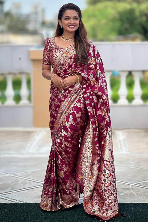 VastraLakshmi Alluring Wine Soft Banarasi Silk Saree With Gratifying Blouse Piece