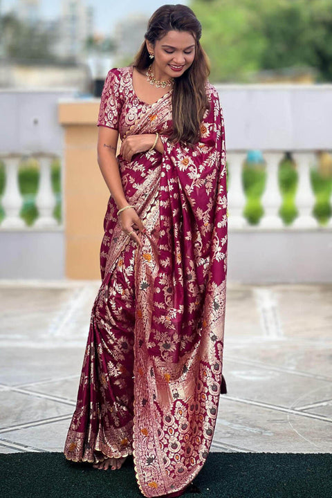 VastraLakshmi Alluring Wine Soft Banarasi Silk Saree With Gratifying Blouse Piece