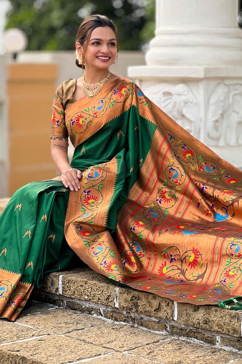 VastraLakshmi Smashing Dark Green Paithani Silk Saree With Seraglio Blouse Piece