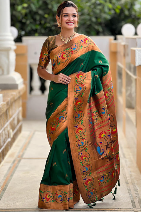 VastraLakshmi Smashing Dark Green Paithani Silk Saree With Seraglio Blouse Piece