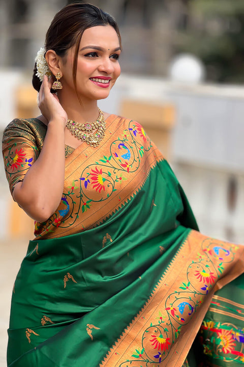 VastraLakshmi Smashing Dark Green Paithani Silk Saree With Seraglio Blouse Piece