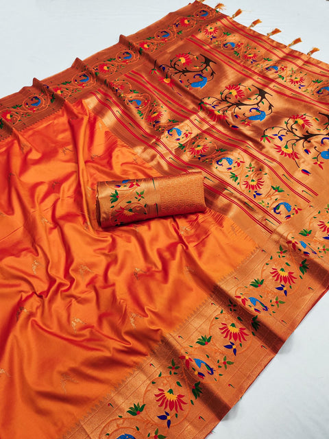 VastraLakshmi Arresting Orange Paithani Silk Saree With Intricate Blouse Piece