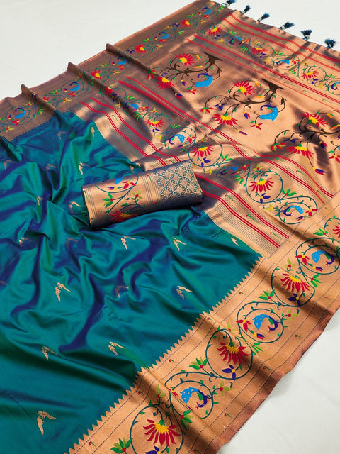 VastraLakshmi Elegant Rama Paithani Silk Saree With Unique  Blouse Piece