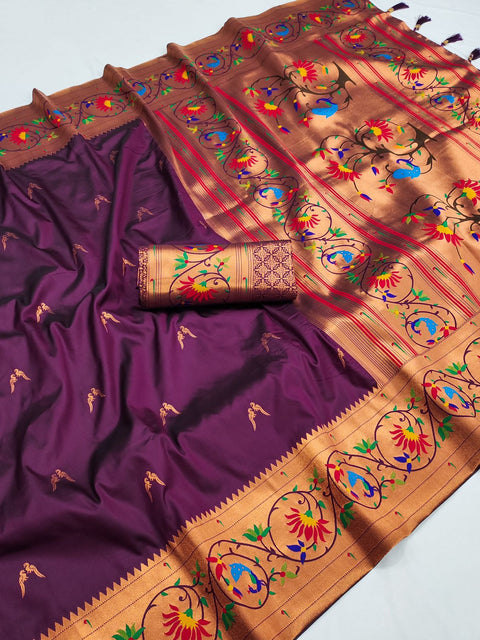 VastraLakshmi Smart Wine Paithani Silk Saree With Captivating Blouse Piece