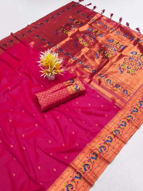 VastraLakshmi Beautiful Dark Pink Paithani Silk Saree With Ethnic Blouse Piece