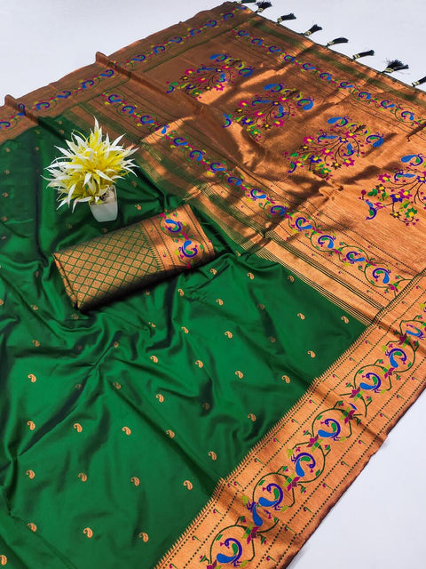 VastraLakshmi Stunning Dark Green Paithani Silk Saree With Flaunt Blouse Piece