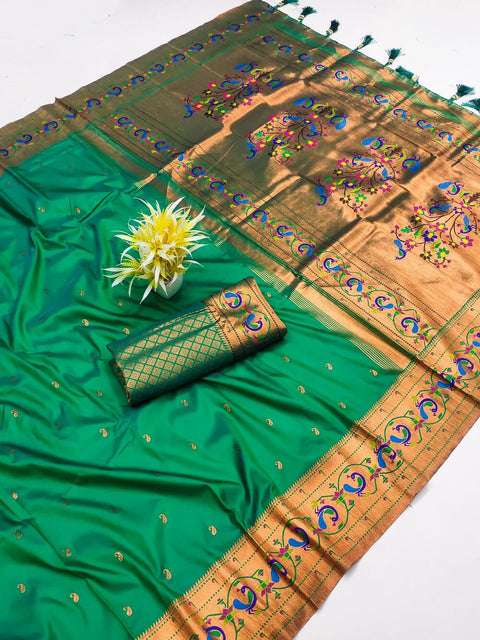 VastraLakshmi Exceptional Green Paithani Silk Saree With Twirling Blouse Piece