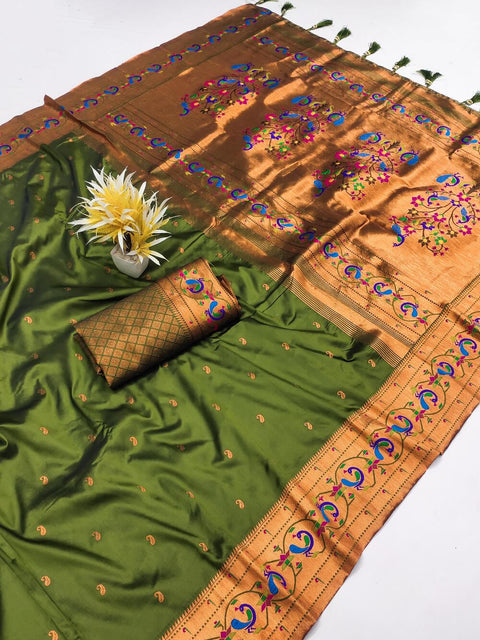 VastraLakshmi Bewitching Mehndi Paithani Silk Saree With Conflate Blouse Piece