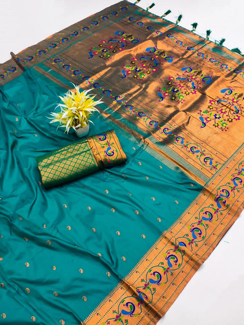 VastraLakshmi Susurrous Rama Paithani Silk Saree With Incredible Blouse Piece