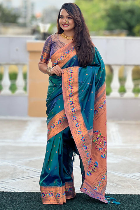 VastraLakshmi Panache Teal Blue Paithani Silk Saree With Glittering Blouse Piece