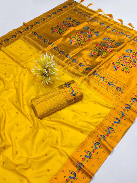 VastraLakshmi Unequalled Yellow Paithani Silk Saree With Vibrant Blouse Piece