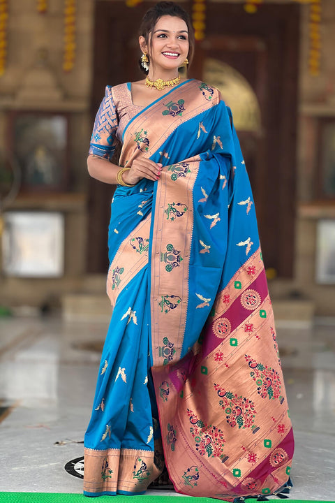 VastraLakshmi Elaborate Firozi Paithani Silk Saree With Whimsical Blouse Piece