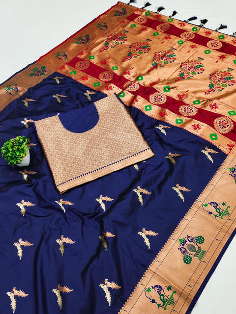 VastraLakshmi Delectable Navy Blue Paithani Silk Saree With Tempting Blouse Piece