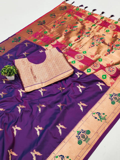 VastraLakshmi Ineffable Purple Paithani Silk Saree With Panache Blouse Piece