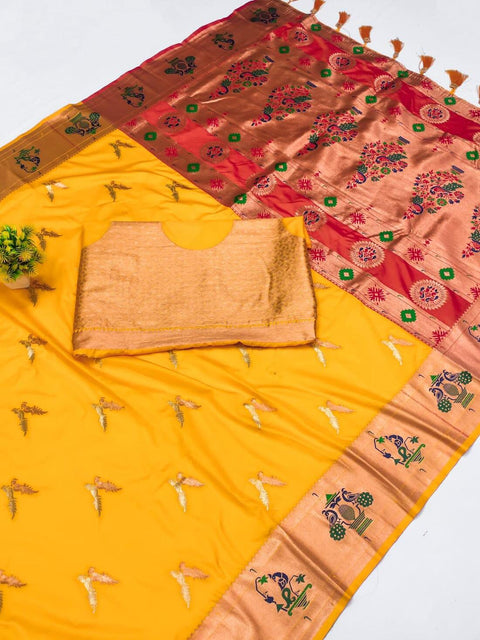 VastraLakshmi Supernal Yellow Paithani Silk Saree With Artistic Blouse Piece