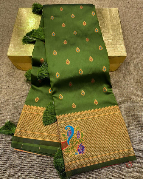 VastraLakshmi Captivating Mehndi Paithani Silk Saree With Exceptional Blouse Piece