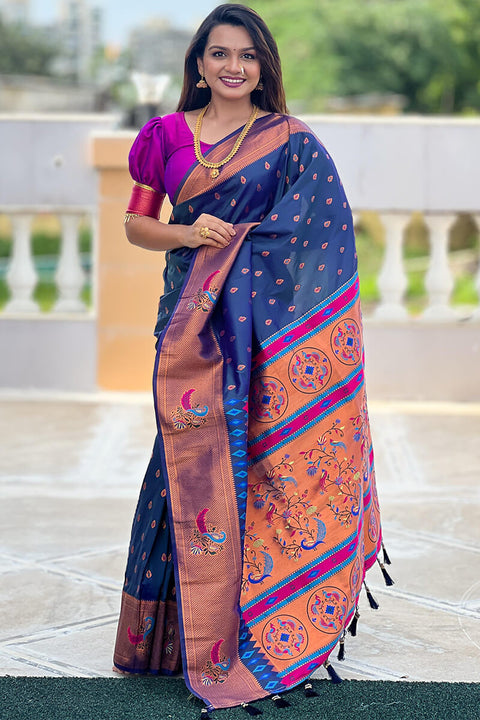 VastraLakshmi Fancifull Navy Blue Paithani Silk Saree With Glorious Blouse Piece