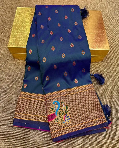 VastraLakshmi Fancifull Navy Blue Paithani Silk Saree With Glorious Blouse Piece