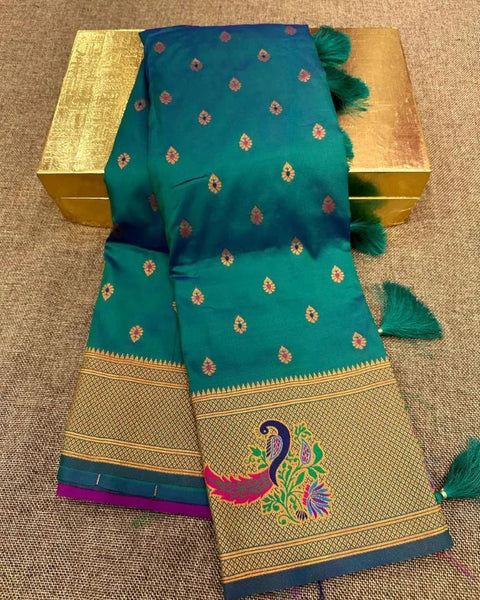 VastraLakshmi Lassitude Rama Paithani Silk Saree With Moiety Blouse Piece