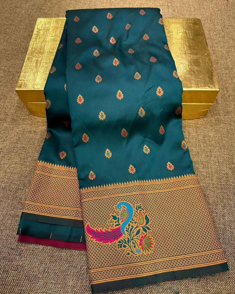 VastraLakshmi Serendipity Teal Blue Paithani Silk Saree With Vestigial Blouse Piece