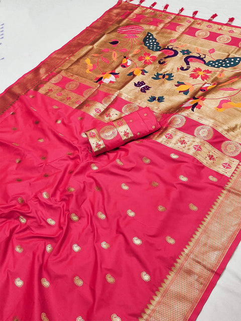 VastraLakshmi Enticing Dark Pink Paithani Silk Saree With Beleaguer Blouse Piece