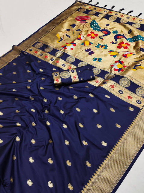 VastraLakshmi Lissome Navy Blue Paithani Silk Saree With Moiety Blouse Piece