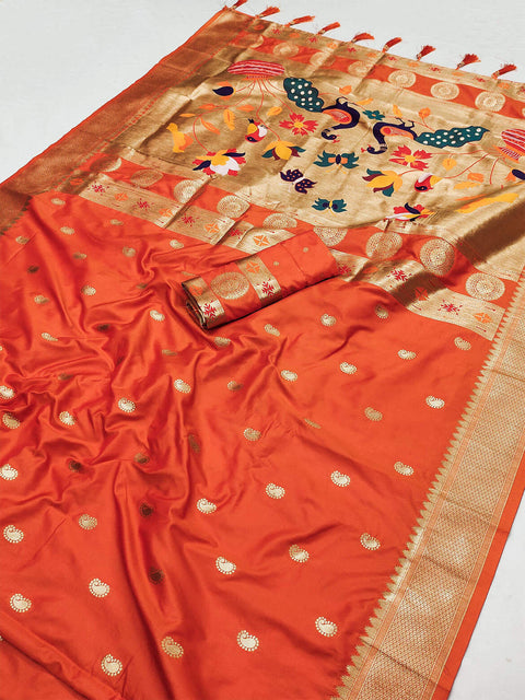 VastraLakshmi Woebegone Orange Paithani Silk Saree With Staggering Blouse Piece