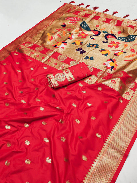 VastraLakshmi Aplomb Red Paithani Silk Saree With Zephyr Blouse Piece