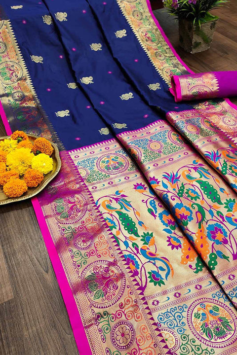 VastraLakshmi Enamoring Navy Blue Paithani Silk Saree With Majestic Blouse Piece